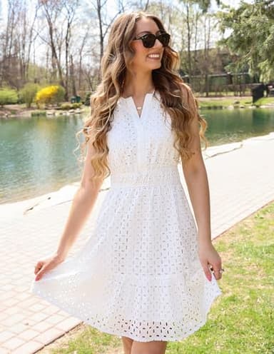 ZESICA Women's Summer Sleeveless Mini Dress V Neck Hollow Out Eyelet High Waist A Line Swing Short Party Dresses,White,Medium - Image 5