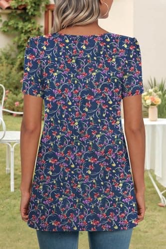 Anymeet Shirts for Women Spring Tunic Tops Short Sleeve Casual Tee Hide Belly Blouse for Leggings Navy Flowers Large - Image 3