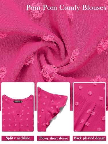 MEROKEETY Women V Neck Flowy Short Sleeve Swiss Dot Blouse Business Casual Loose Shirt Top HotPink Medium - Image 5