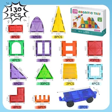 EchoPlan Magnetic Tiles,Deluxe 130 PCS Magnetic Blocks with 2 Cars,Magnet Tiles Building Blocks Set,STEM Preschool Sensory Educational Toys Gifts for Toddlers Kids Boys 3 4 5 6 7 8 9+ Year Old - Image 7