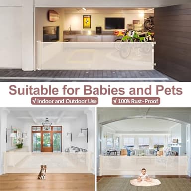 85 Inch Retractable Baby Gates Extra Wide Retractable Dog Gate Outdoor Retractable Gate Indoor Mesh Gate, Wide Baby Gate Retractable Gates for Dogs, Doorways, Beige - Image 3