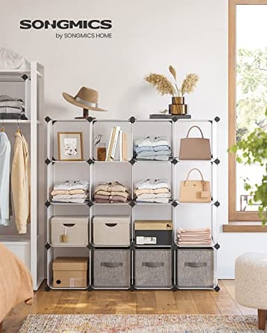 SONGMICS Cube Storage Organizer, Set of 16 Plastic Cubes, Book Shelf, Closet Organizers and Storage, Room Organization, Bedroom Living Room, 12.2 x 48.4 x 48.4 Inches, White ULPC44L - Image 2