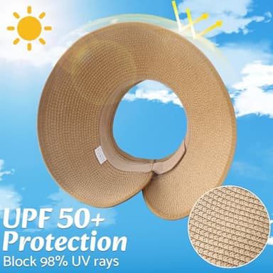 NPQQUAN Sun Visor Hats for Women Wide Brim Ponytail Straw Beach Hat Packable Foldable UPF 50+ Floppy Travel Hats Khaki - Image 2