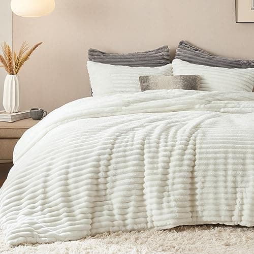 Bedsure Fluffy Comforter Set Queen - Super Soft Faux Fur Bed Set Cream White, All Seasons Warm Plush Fleece Bedding, 3 Pieces, 1 Shaggy Fuzzy Queen Size Comforter with 2 Pillowcases - Image 1