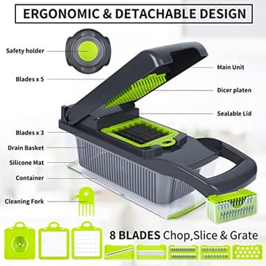 Vegetable Chopper Mandoline Slicer,Veggie Chopper, Multifunctional 10 in 1 Food Choppers, Kitchen Vegetable Slicer Dicer Cutter,Onion Mincer,Cheese,Colander Basket,Kitchen Gadgets (Gray/Green) (Grey) - Image 7