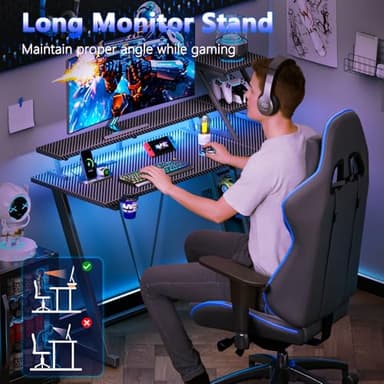 40 Inch Gaming Desk with LED Lights & Power Outlet, Small Gaming Computer Desk with Storage Shelves, L Shaped Gamer Workstations with Monitor Stand for Bedroom, Carbon Fiber Black - Image 7