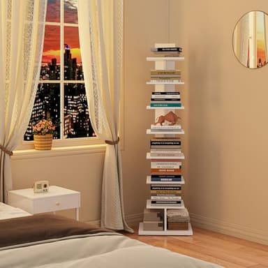 TUTOTAK Narrow Bookshelf, 8-Tier Bookcase, Spine Book Shelf for Small Space, Corner Standing Shelf for Living Room, Office, Study, Entryway, White BS06BW008 - Image 3