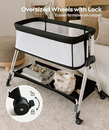 Fodoss Baby Bassinet Bedside Sleeper with Wheels and Storage Tray,4-Sided Mesh Bedside Bassinet for Infant/Newborn,7 Height Adjustable Easy Folding Bedside Crib - Image 5