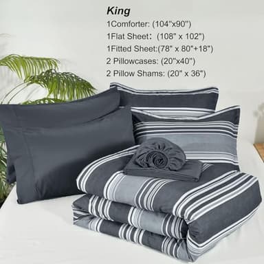 PHF 7 Pieces King Comforter Set, Striped Bed in A Bag, Charcoal Grey Stripe Bedding & 18" Deep Pocket All Season, Ultra Soft Bedding Sets with Comforter, Sheets, Pillowcases & Shams - Image 7