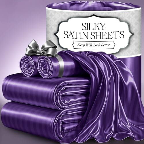 DECOLURE Satin Bed Sheets - 4 Piece Luxury Silky King Size Bedding Set - Softer Than Silk, Wrinkle-Free with 15” Deep Pocket Fitted Sheet, Perfect for Hair & Skin, Gifts for Women (Striped Purple) - Image 1