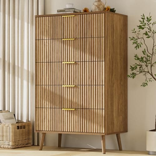 LYNSOM Fluted 5 Drawers Dresser, 45" Tall Modern Chest of Drawers with Curved Profile Design and Metal Handle, Wood Drawer Organizer for Bedroom, Living Room, Hallway, Entryway, Natural Oak - Image 1