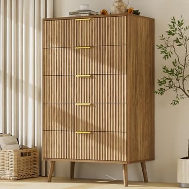 LYNSOM Fluted 5 Drawers Dresser, 45" Tall Modern Chest of Drawers with Curved Profile Design and Metal Handle, Wood Drawer Organizer for Bedroom, Living Room, Hallway, Entryway, Natural Oak - Image 1