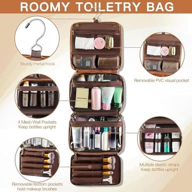 Elviros Hanging Toiletry Bag for Men Travel Essentials 3-in-1 Large Waterproof Dopp Kit PU Leather Shaving Bag with Separate Compartments for Grooming and Toiletries Mens Gift - Image 4