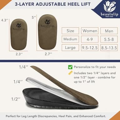 Beautulip 3-Layer Adjustable Heel Lift Inserts - Height Increase Insoles for Women and Men, Heel Cushion Cups for Heel Pain and Leg Length Discrepancies (Medium: Women's 4-9 / Men's 5.5-8) - Image 2