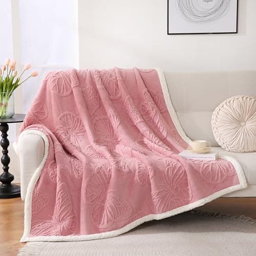 Gracelife Blanket for Women, Sherpa Throw Blanket for Couch, Flannel Butterfly Cozy Soft Blanket for Bed - Fleece, Pink, 80x90 Inches - Image 1