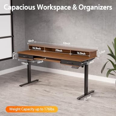 WALKINGDESK 63 Inches Electric Standing Desk with Keyboard Tray, Height Adjustable Sit to Stand Table with 2 Drawers, Ergonomic Home Office Desk with Storage Shelf, Computer Table, Black Walnut - Image 3