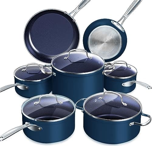 Nuwave Healthy Duralon Blue Ceramic Nonstick Cookware Set, Diamond Infused Scratch-Resistant, PFAS Free, Dishwasher & Oven Safe, Induction Ready & Evenly Heats, Tempered Glass Lids & Stay-Cool Handles - Image 1