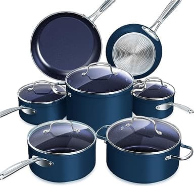 Nuwave Healthy Duralon Blue Ceramic Nonstick Cookware Set, Diamond Infused Scratch-Resistant, PFAS Free, Dishwasher & Oven Safe, Induction Ready & Evenly Heats, Tempered Glass Lids & Stay-Cool Handles - Image 1