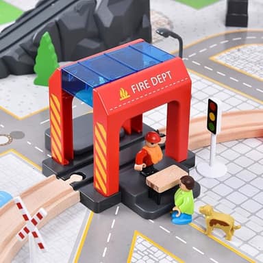 Giant bean 72PCS Fire Station Wooden Train Track Electric Train Set, Gift Packed Toy Railway Kits for Kids, Toddler Boys and Girls 3,4,5 Years Old and Up, Christmas Birthday Gift Toy for Kids - Image 6