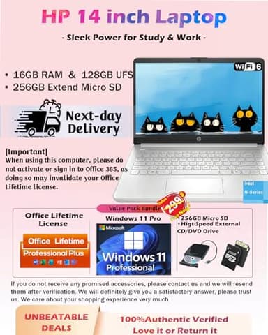 HP Business Student Laptop Computer - Windows 11 Pro & Microsoft Office Lifetime | 14 inch HD | AI-Powered, 12 Hr Batter N-Serious Laptop| 16GB RAM, 128GB UFS, 256GB Extend Micro SD | Silver - Image 2