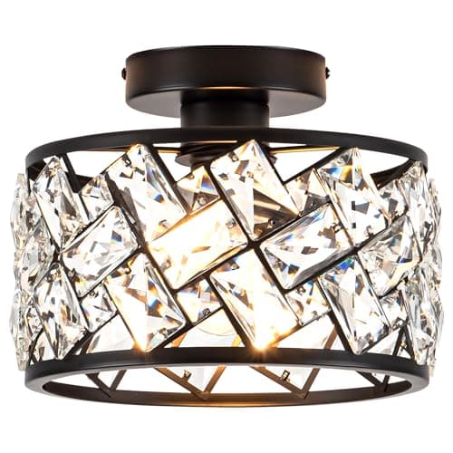 Rpzloila Crystal Ceiling Light Fixture, Modern Semi Flush Mount Ceiling Light,Crystal Chandelier for Kitchen Bedroom Bathroom Entryway, Black Finish - Image 1