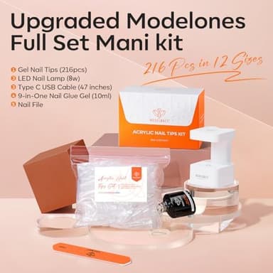 modelones Short Almond Gel Nail Tips Kit, 9-in-One Nail Glue with Portable U V Lamp 216Pcs 12Sizes Pre-Etched Press ons Fake Acrylic Extension Kit DIY Salon Gift for Women - Image 4