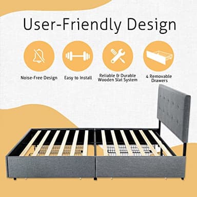 SHA CERLIN Upholstered Full Size Platform Bed Frame with 4 Storage Drawers, Adjustable Headboard with Square Stitched Button Tufted Design, Wooden Slat Support, No Box Spring Needed, Light Grey - Image 7