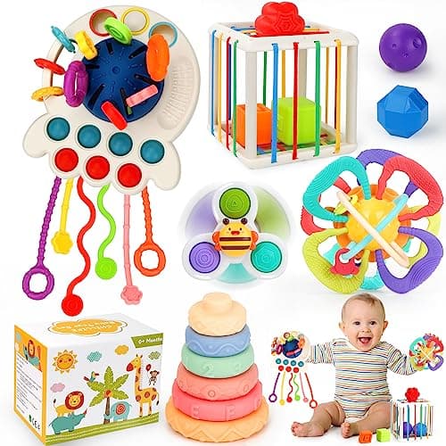 Baby Toys 6-12 Months,5 in 1 Montessori Toys for Babies 6-12 Months,Pull String Infant Teething Toys,Stacking Rings,Color Shape Sensory,Suction Cup Spinner Toys for 6-9-12 to 18 M+ Birthday Gifts - Image 1
