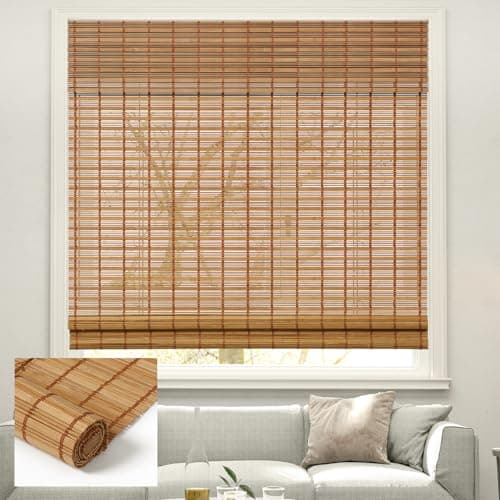 Kokorona Cordless Sheer Bamboo Roman Shades with Valance, Light Filtering Woven Bamboo Blinds for Windows, Natural Window Blinds Roll Up Shades for Home & Patio, 34" W x 64" H, Light Russet - Image 1