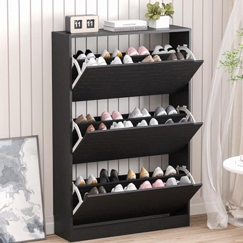 BORNOON Shoe Storage Cabinet with 3 Flip Drawers,Narrow Shoe Rack Cabinet,Freestanding Organizer Storage for Entryway, Hallway, Black - Image 1