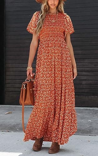 PRETTYGARDEN Women's Summer Casual Boho Dress Floral Print Ruffle Flutter Short Sleeve High Waist Maxi Beach Dresses (Orange,X-Large) - Image 4