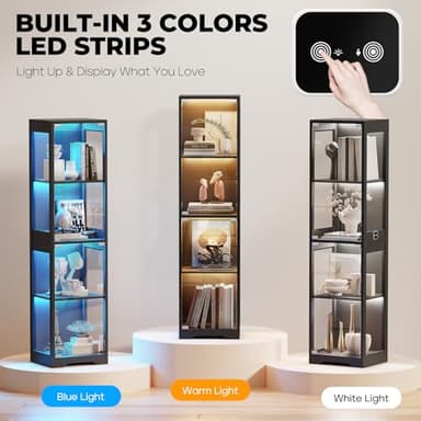 BROTTAR Glass Display Cabinet, 4-Tier Curio Cabinets with 3 Color Lights for Collectibles, Storage Cabinet with Door, Glass Display Case & Bookcase with Human Body Sensor, Black - Image 5