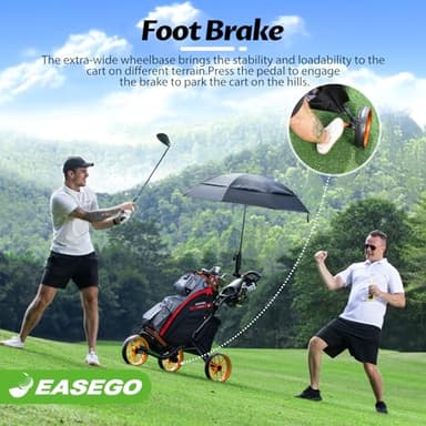EASEGO Golf Push Cart 3 Wheel : Golf Bag Cart Foldable with Phone/Cup/Umbrella Holder Compact Golf Pull Carts Quick Fold Golf Caddy Push Carts with Large Wheelbase for Different Terrain (orange color) - Image 5