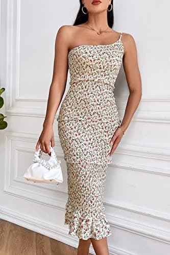 PRETTYGARDEN Women's Summer Midi Bodycon Dresses One Shoulder Strappy Tiered Ruffle Floral Boho Sun Dress (Beige Floral,Small) - Image 6