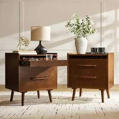 HULALA HOME 2 Drawer Nightstand with Charging Station, Mid-Century Modern Bedside Tables with Wood Legs, Wood Night Stand with Pull-Out Shelf Set of 2, Walnut - Image 1