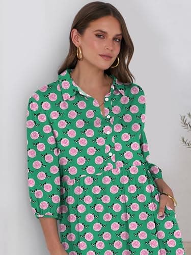 ANRABESS Women Summer Dress 2025 3/4 Puff Sleeve Polo V Neck Floral Print Casual Boho Shirt Maxi Dress Beach Vacation Clothes Floral Green X-Large - Image 6