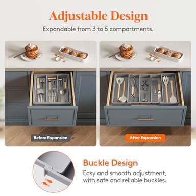 Lifewit Utensil Organizer for Kitchen Drawers, Expandable Cooking Utensil Tray, Adjustable Cutlery Silverware Flatware Holder, Plastic Kitchen Spatula Tools and Gadgets Storage Divider, Large, Gray - Image 4