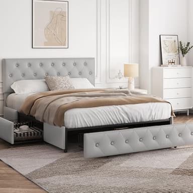 Yaheetech Queen Bed Frame with Adjustable Diamond Button-Tufted Headboard/3 Drawers Storage, Queen Platform Bed/Strong Wooden Slats, Light Gray - Image 3