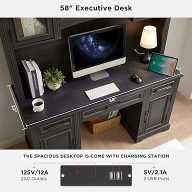 JXQTLINGMU Farmhouse 76" Height Computer Desk with Hutch, Office Desk with Charging Station, Drawers and Storage Cabinet, Workstation for Office Home, Black - Image 3
