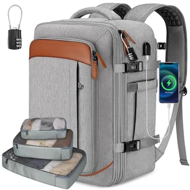 Vancropak Carry on Backpack, Flight Approved Travel Backpack with 3 Packing Cubes, Expandable Large 40L Travel Bag fits 17.3" Laptop, Anti Theft Luggage Suitcase Weekend Daypack for Women Men, Grey - Image 8