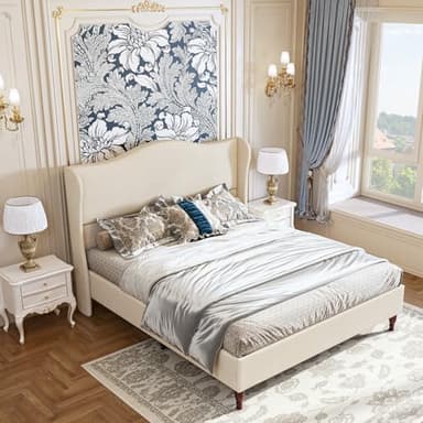 koorlian Full Size Bed Frame Upholstered Platform Bed with 51" Tall Headboard Wingback, Soft Fabric, Retro Simple Style Platform Bed No Box Spring Needed, Easy Assembly, Beige - Image 6