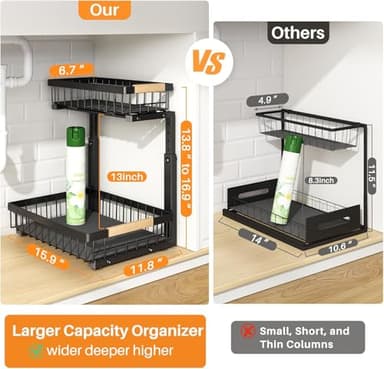 PXRACK 2 PACK Under Sink Organizer,Adjustable Height,2 Tier Pull Out Under Cabinet Organizer,Thickened Metal Shelf,Slide Out Under Sink Storage for Kitchen Bathroom Cabinet Laundry - Image 2