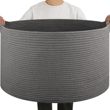OIAHOMY 90L Large Blanket Basket with Handle, Blanket Storage for Living Room 23" x 23" x 13", Laundry Basket for Blankets, Pillows, Large Woven Rope Baskets for Kids, Dogs Toys - Grey - Image 1