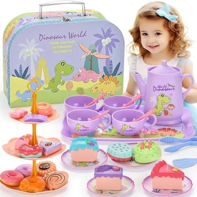 Lajeje Dinosaurs Tea Party Set for Little Girls, Pretend Plastic Teapot Set, Princess Tea Time Play Kitchen Toy with Dessert, Carrying Case for Birthday Easter Gifts Kids Toddlers Age 3 4 5 6 - Image 1