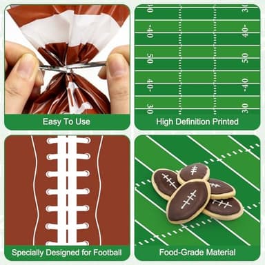 100 Pcs Football Goodie Bags - Brown Green Football Treat Bags, Plastic Rugby Sport Cellophane Snack Gift Candy Goody Bag with Silver Twist Ties for Sports Team Events Birthday Party Favors Supplies - Image 5