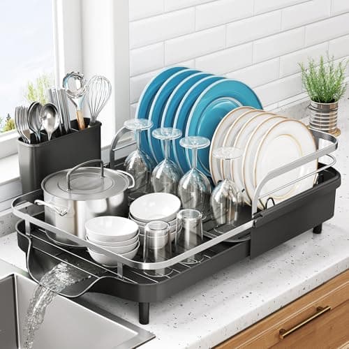SNTD Dish Drying Rack, Expandable Dish Rack for Kitchen Counter, Stainless Steel Dish Drainer with Drainboard Set and Utensil Holder (Black) - Image 1