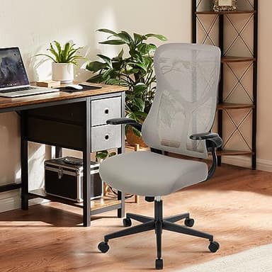 Sweetcrispy High Back Office Chair - Ergonomic Computer Gaming Mesh Chairs with Lumbar Support, with Soft Flip Up Arms, Adjustable Height and 360° Wheels, 120° Rocking Mode, Light Grey - Image 7
