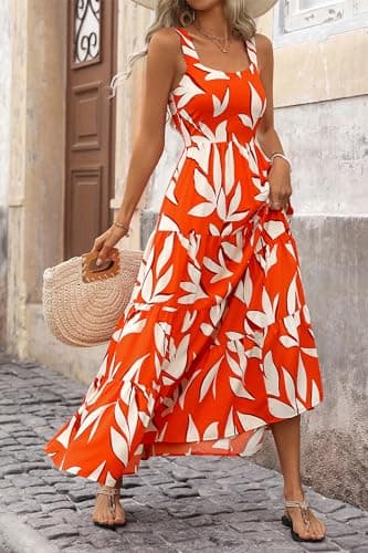 PRETTYGARDEN Women's Summer Floral Maxi Dress Sleeveless Smocked Ruffle Long Flowy Beach Vacation Boho Sundresses (Floral Orange Beige,Small) - Image 7