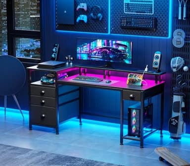 Furologee 60" Black Computer Desk with 4 Drawers and Printer Space, Gaming Desk with LED Lights and USB Power Outlets, Home Office Desk with Fabric File Cabinet,Study Work Table with Shelf for Bedroom - Image 2