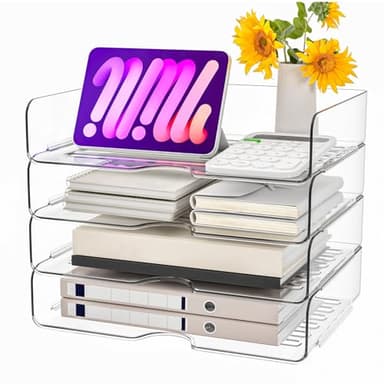 Paper Organizer Letter Tray, 4 Pack Acrylic Stackable Desk File Organizer,Clear Office Organizer for File Paper, Ipad, Letter, A4 Office File, Books, Notes, Etc - Image 1